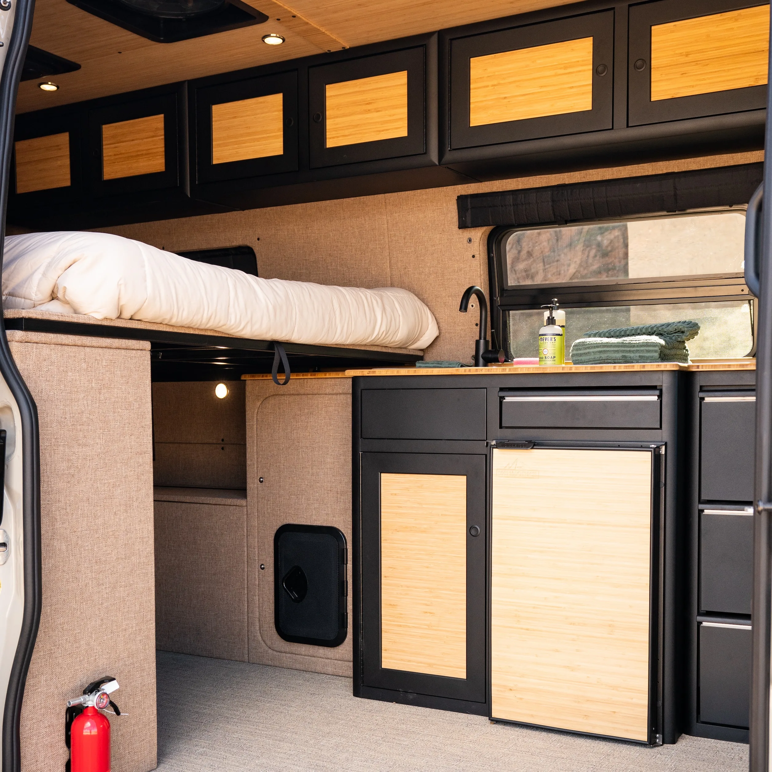 Standard Package (Fabric Walls, Light-Stained Bamboo Cabinet Insets, Countertop, and Ceiling)